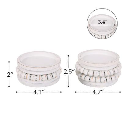 NIKKY HOME Farmhouse Beaded Wood Pillar Candle Holders Set of 2, White