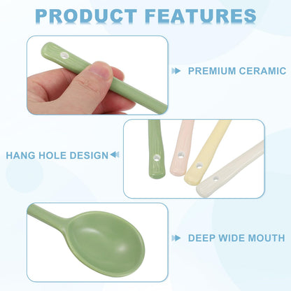uxcell 1 Set Ceramic Soup Spoons, Long Handle Dinner Serving Spoon for Soup, Noodles, Dumplings Yellow/Green/White/Pink