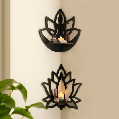 Artilady Crystal Shelf Display - 2 Pcs Lotus Buddha Floating Shelves for Wall Corner Floating Shelves for Crystals and Stone Display Bedroom Home Decor Aesthetic Witchy Gift for Women