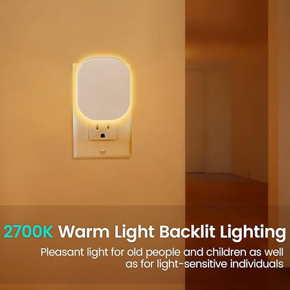 Plug-in LED Backlit Night Light with Motion Sensor & Dusk to Dawn Sensor, 2700K Soft Warm White Nightlight with Dimmable Brightness for Adults & Kids' Bedroom, Bathroom, Hallway, 2 Pack