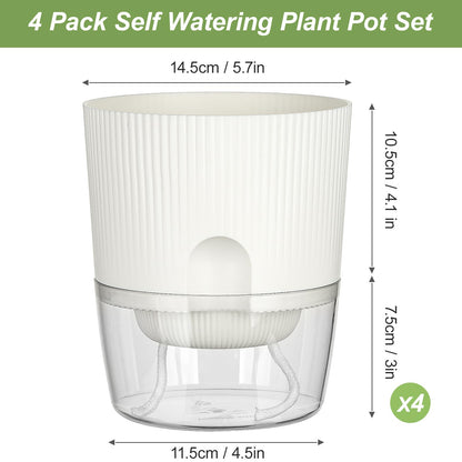 Samhe Plant Pots, 4 Pack 5.7 Inch Self Watering Pots for Indoor Plants, Flower Pots with Deep Reservoir and Drainage Holes - White