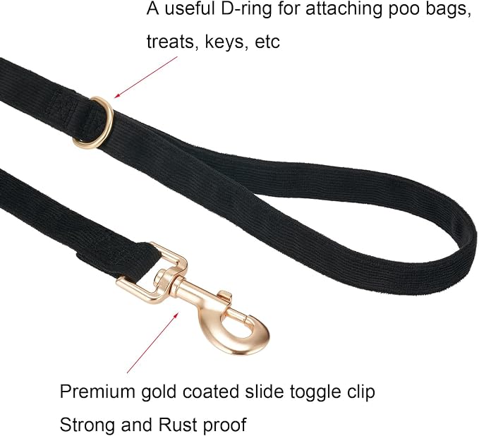Soft Corduroy Dog Collar and Leash Set Adjustable Durable Dog Collars with Metal Buckle and Lead for Small Dogs,Black
