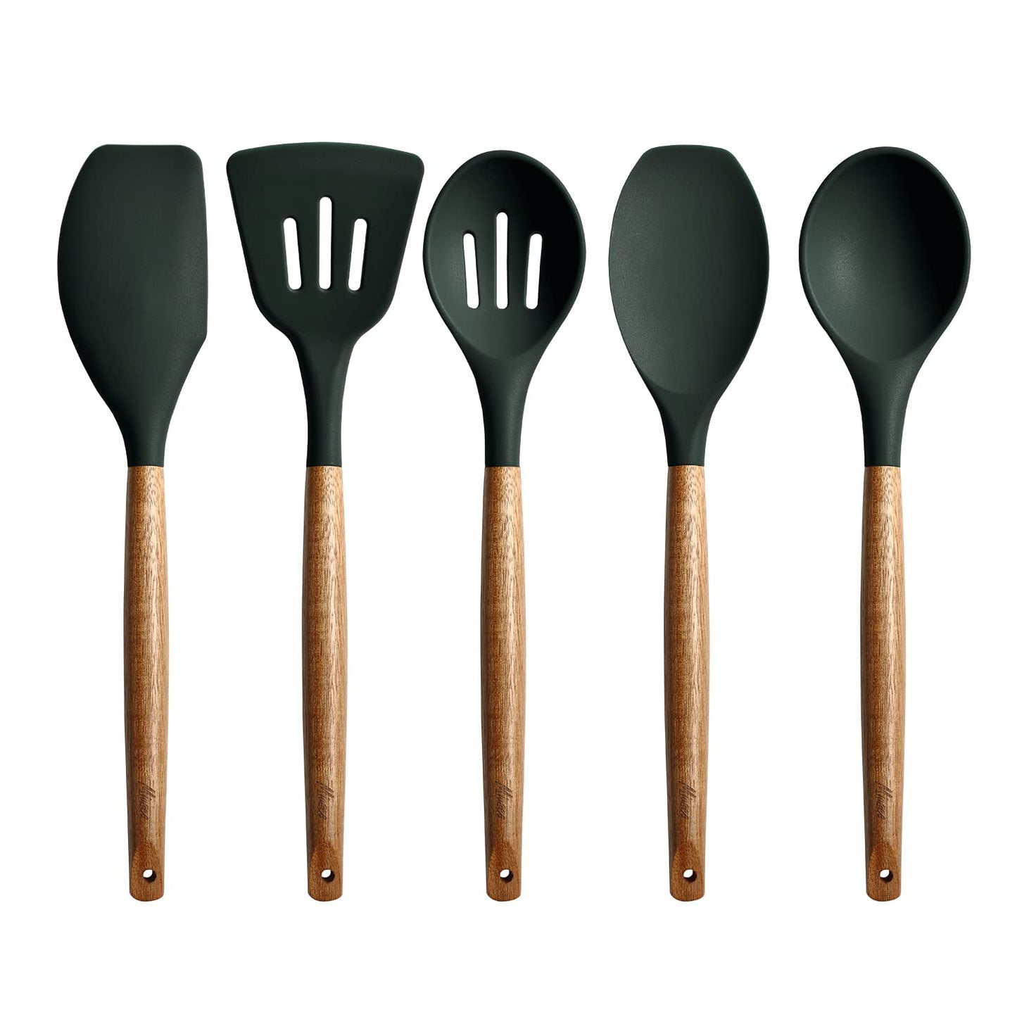 Miusco Non-Stick Silicone Cooking Utensils Set with Natural Acacia Hard Wood Handle, 5 Piece, High Heat Resistant (Green)