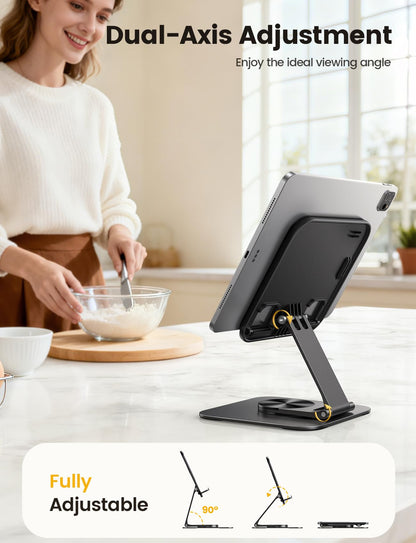 Lamicall Adjustable iPad Stand for Desk - [Ultra-Slim Foldable][360°Rotation] Tablet Holder Stand with Heavy-Duty Base, Mother Day Kindle Holder for 4.7-13" Device, iPad Pro Air Mini, Kindle, E-Reader