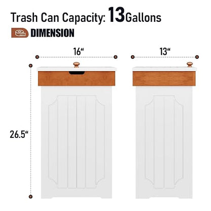 Function Home Trash Can Cabinet, 13 Gallon Kitchen Garbage Can, Wood Recycling Trash Bin, Freestanding Dog Proof Trash Can, Farmhouse Trash Cabinet with Lid for Home Kitchen Bathroom, White