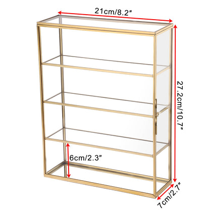 JUXYES 4 Tiers Tabletop Brass Glass Rock Display Case with Latch Door, Modern Clear Rocks Display Case Box with Mirror Bottom, Gold Dust Proof Case for Collectible, Mineral Crystal, Stones