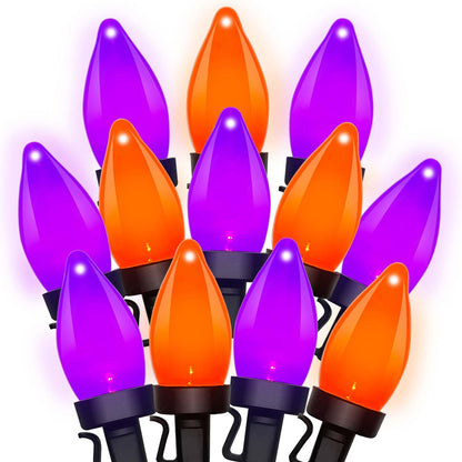 Romasaty Purple and Orange Halloween Lights, 26FT 50 Count Halloween C7 LED String Lights for Indoor/Outdoor Use, Purple Orange Lights for Patio Home Party Garden Yard-Black Wire