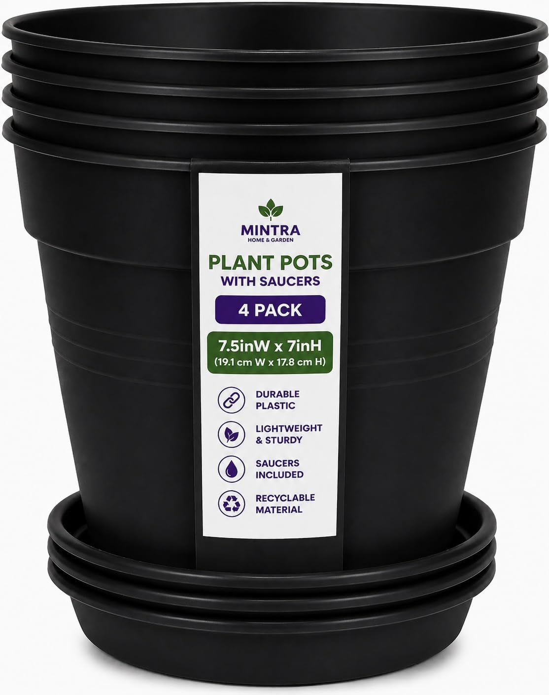 Mintra Garden Pots, 4 Pack Bulk Plastic Plant Pots with Drainage Tray, Round Indoor & Outdoor Decorative Planters with Drain Holes for Flowers, Herbs & Plants, 19cm Diameter – Black, 7.5 in