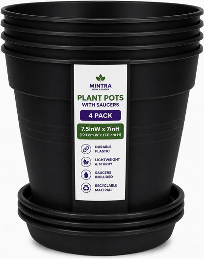 Mintra Garden Pots, 4 Pack Bulk Plastic Plant Pots with Drainage Tray, Round Indoor & Outdoor Decorative Planters with Drain Holes for Flowers, Herbs & Plants, 19cm Diameter – Black, 7.5 in