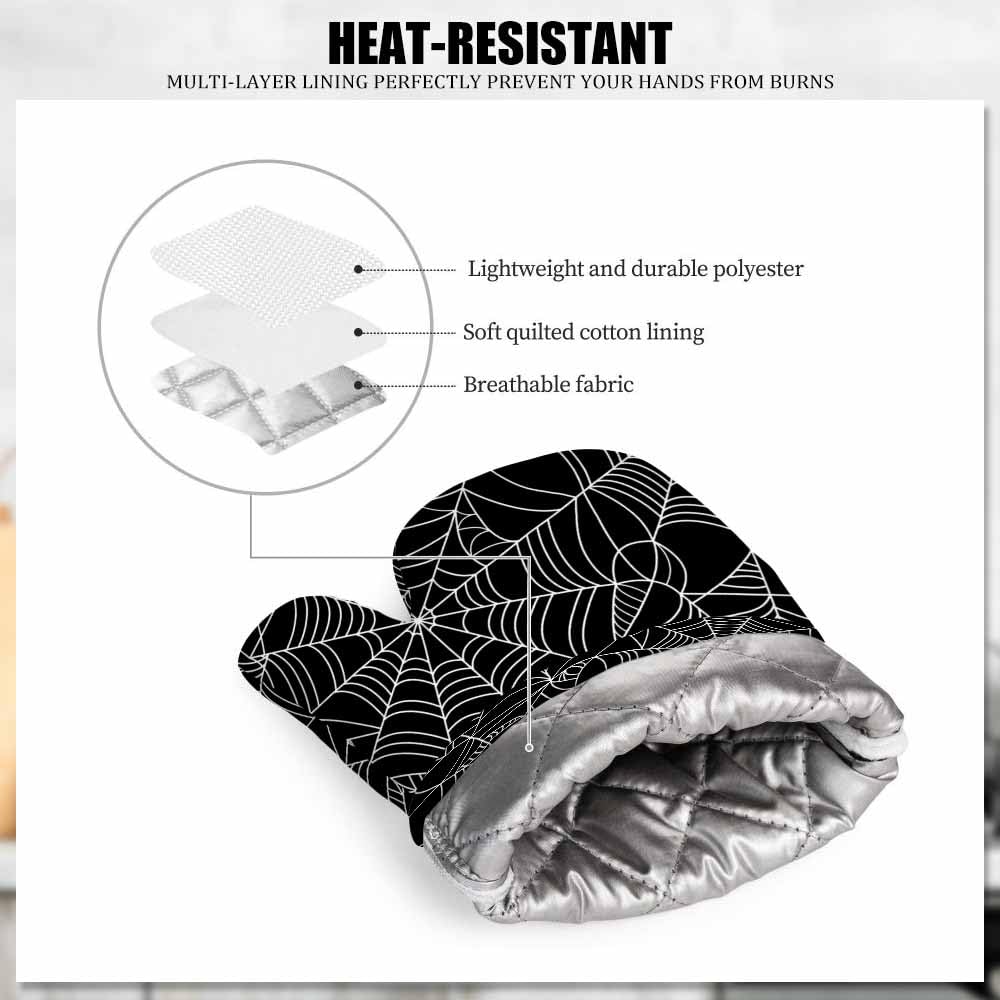 Mxocom Black and White Halloween Spider Web Oven Mitts and Pot Holders Sets Silicone Heat Resistant Kitchen Oven Gloves Pot Holder for Cooking