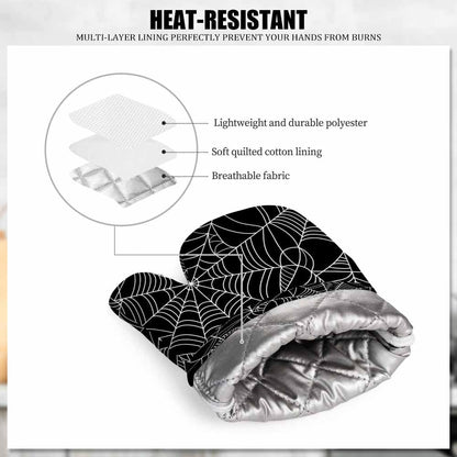 Mxocom Black and White Halloween Spider Web Oven Mitts and Pot Holders Sets Silicone Heat Resistant Kitchen Oven Gloves Pot Holder for Cooking