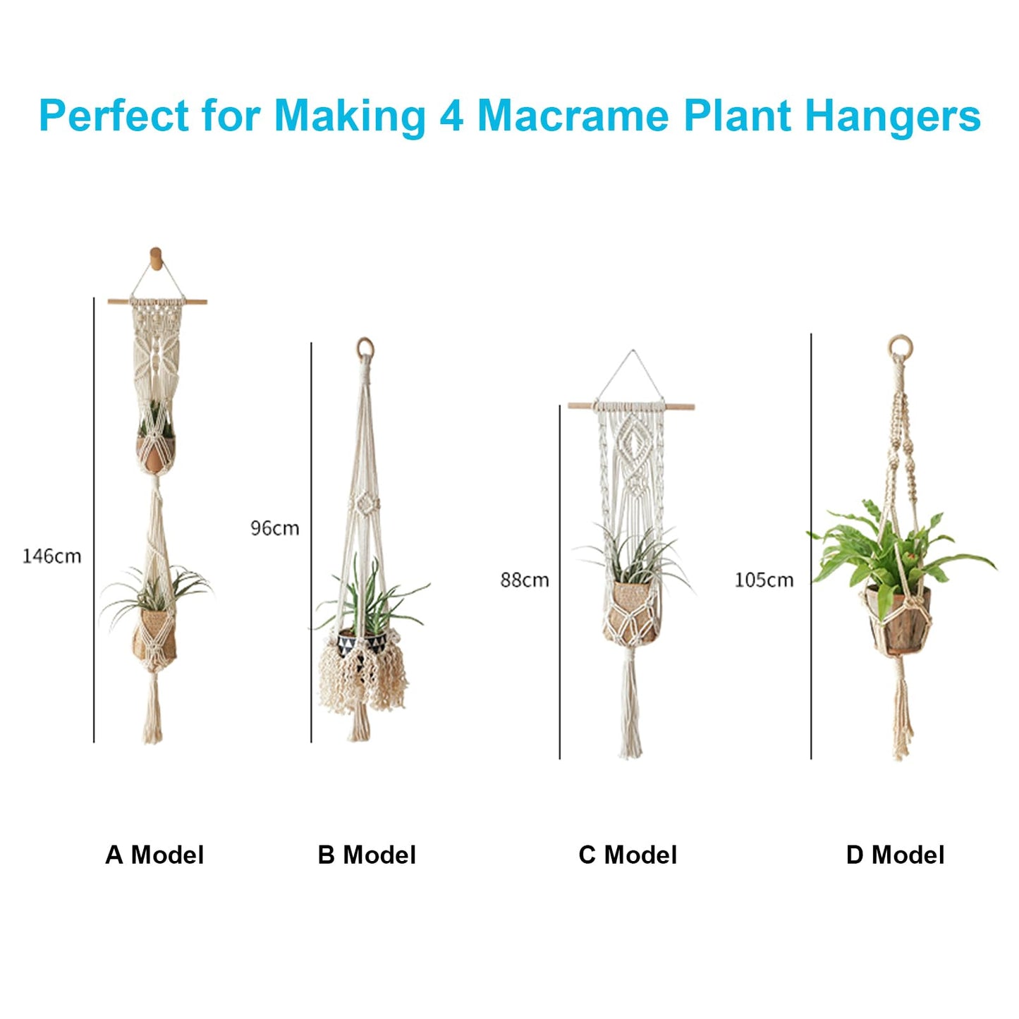 Hdviai Macrame Plant Hanger Kit, 3mm x 220Yards Cord for Adult Beginners DIY Macrame Wall Hanging Kit, with 2Pcs Wooden Dowels + Beginner's Manual + Soft Ruler+ Five Wooden Beads