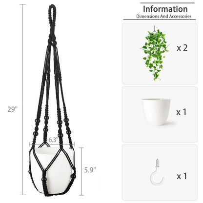 Mkono Fake Hanging Plant with Pot, Artificial Plants for Home Decor Indoor Macrame Plant Hanger with Fake Vines Faux Hanging Planter Greenery for Bedroom Bathroom Kitchen Office Decor (1, Black)