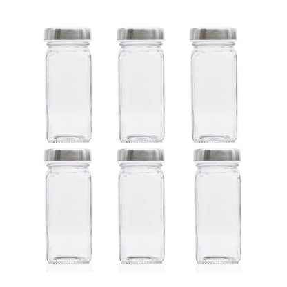 Tianifa 6pcs Spice Jars, 4 oz Glass Seasoning Bottles, Spices Container, Empty Spice Jars, Square Spice Bottles with Airtight Stainless Steel Caps with Shaker Lid