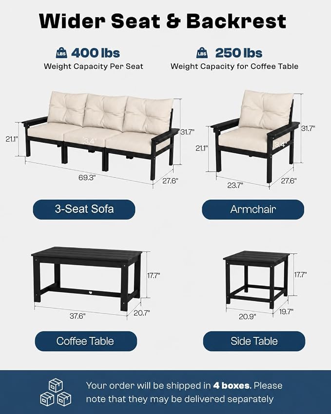 HDPE Outdoor Patio Furniture Set, 10-Piece Patio Conversation Set with 3-Seat Sofa, 4 Armchairs, 2 Side Tables & 1 Coffee Table, All-Weather Outdoor Sofa Set for Deck, Porch(Black Frame)