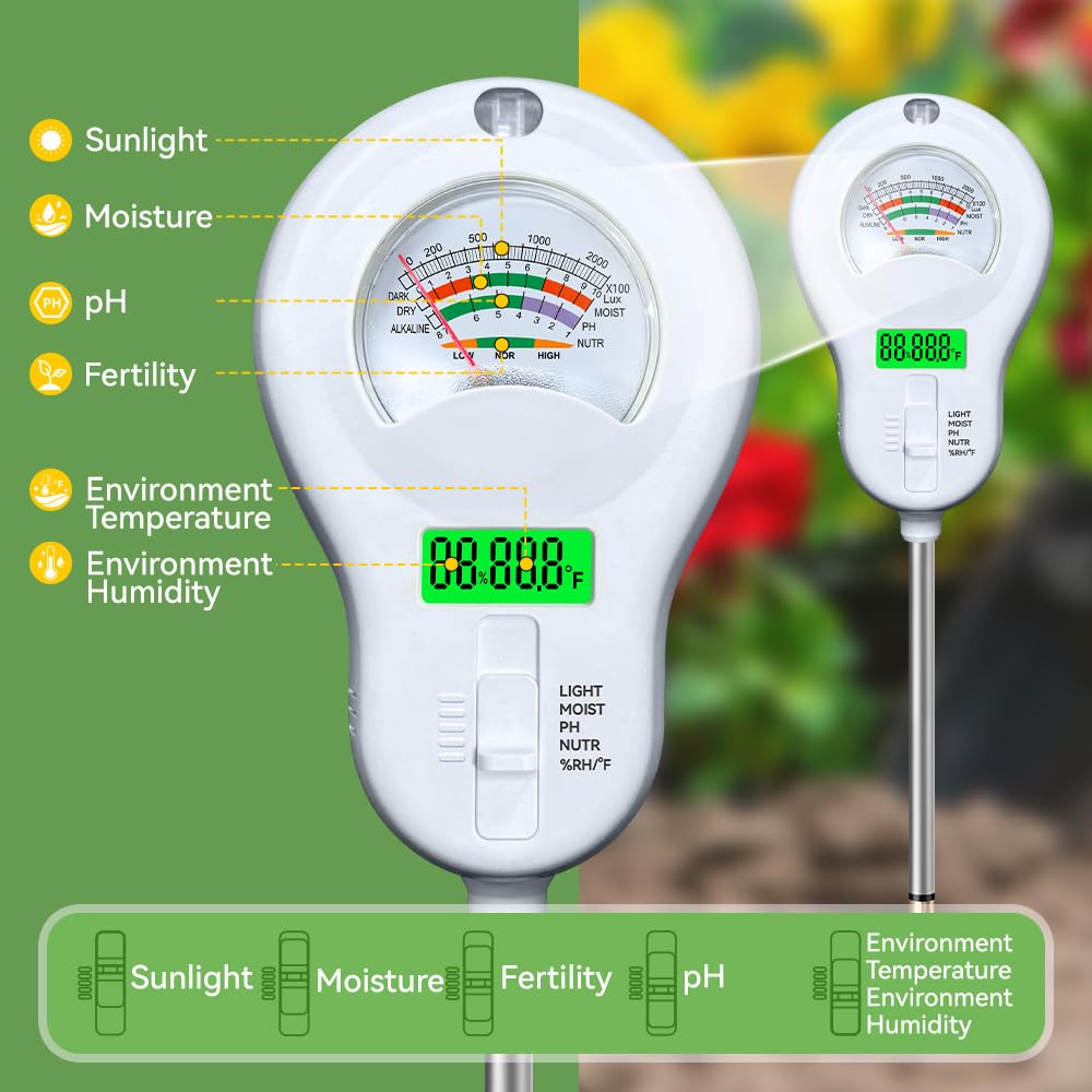 6-in-1 Soil Moisture Meter, PH Tester, Soil Moisture, Fertility, Sunshine Intensity, Temperature, Humidity, with Removable Probe for Gardens, Lawns, Farms (Including 1*AAA Batteries) (3)