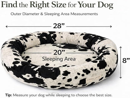 Round Dog Bed – Natural Canvas, Removable Washable Cover, Raw Cotton or Latex Fill, Hypoallergenic Non-Toxic, Made in USA (Cow Print Black White, Medium, Firm Support – Raw Cotton)