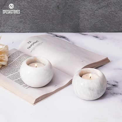 SPESHSTONES Marble Tealight Candle Holder 3.5 Inch White Gifts, Stone Holders for Votive Candles & Small Tea Lights Set of 2 for Birthday, Wedding Decorations