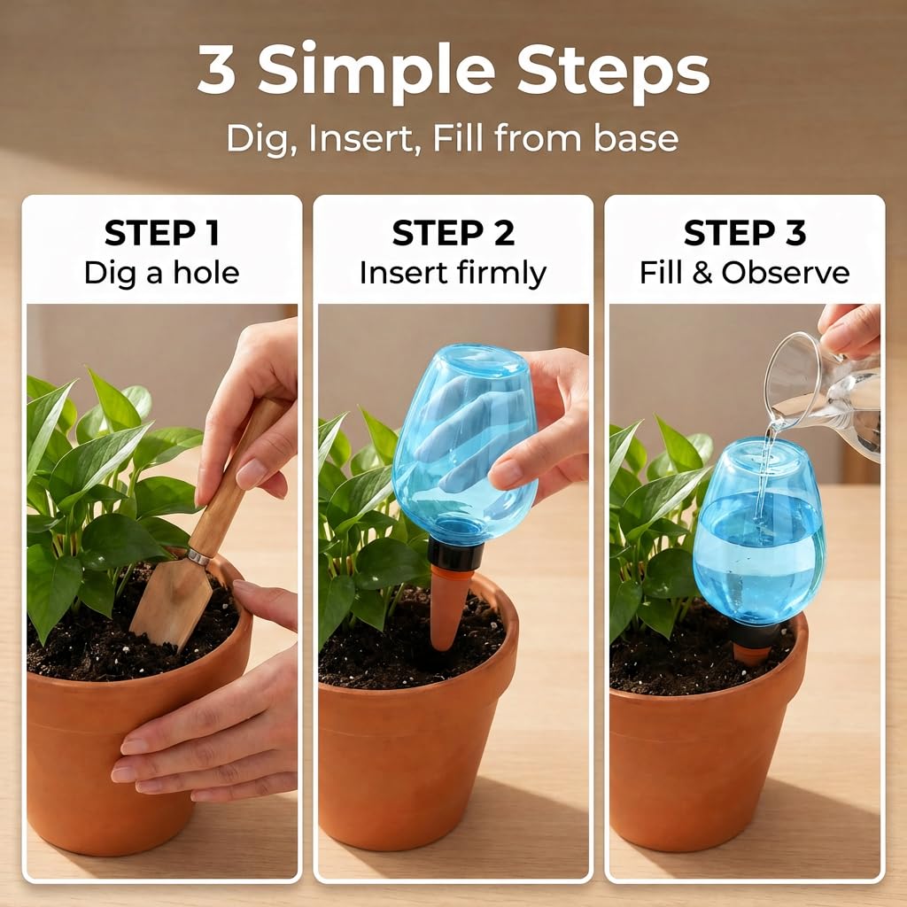 Kysren 3 pcs Self Watering Globes for Indoor Plants - Top-Fill 11.8oz Blue Plant Watering Devices for Vacation, Plastic Watering Bulbs with Terracotta Spikes