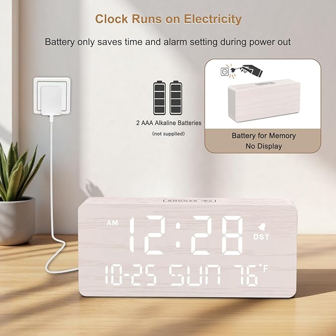 DreamSky Wooden Digital Alarm Clocks for Bedrooms with Date & Day of Week | Living Room Desk Clock, Temperature, USB Port, Dimmer Wheel, Adjustable Volume, Auto DST, Office Wood Decor (Plug-in)