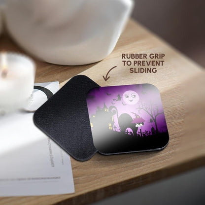 3dRose cst_173233_2 Black Cat in a Witches Hat a Laughing Moon Purple and Black Halloween-Soft Coasters, Set of 8