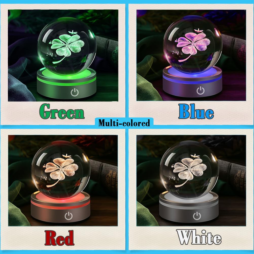 IFOLAINA Crystal Ball Lamp, 3D Four Leaf Clover K9 Decorative Night Light, Clear, 3.15 inches, Rechargeable USB, Ideal Gift for Her Birthday, Wedding, Anniversary
