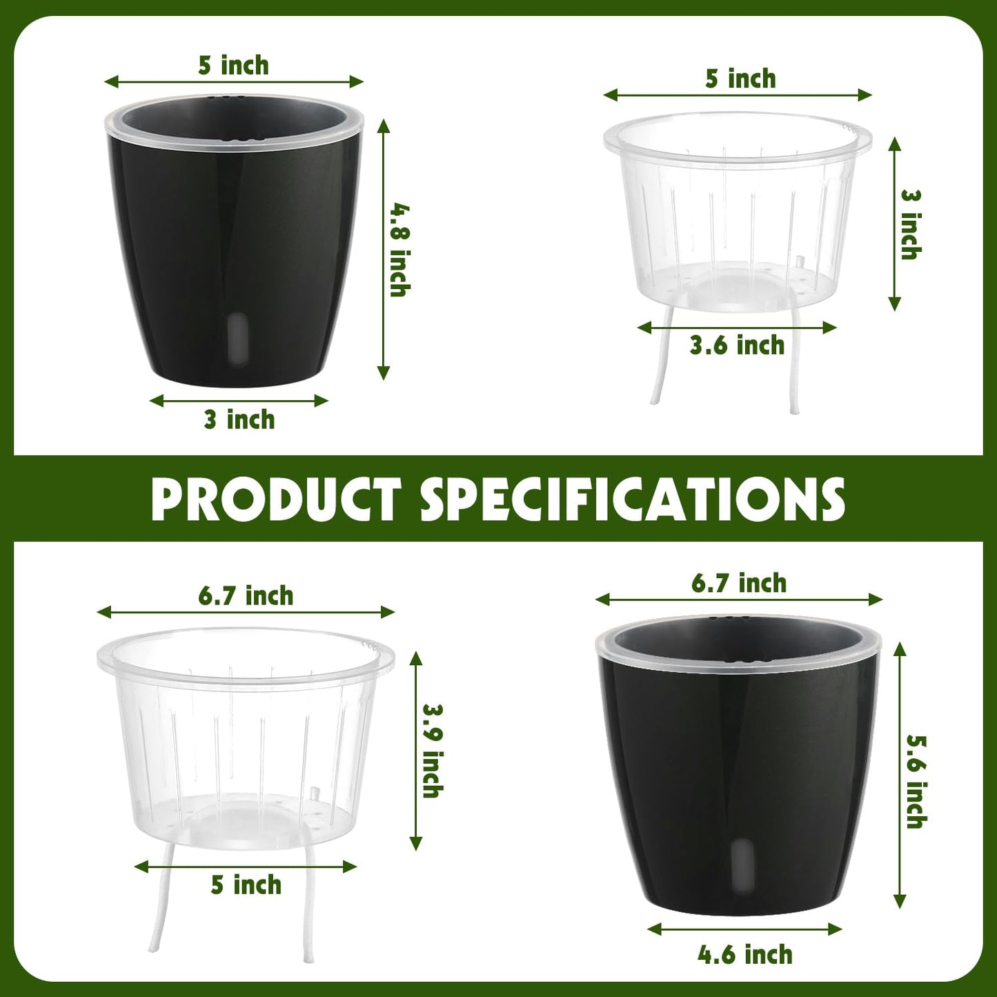 KvyusFlourish Self Watering Pots for Indoor Plants, 6-Pack 5'' Self Watering Planter with Drainage Holes, Small African Violet Pots with Water Indicator, Clear Wick Orchid Pot, Black