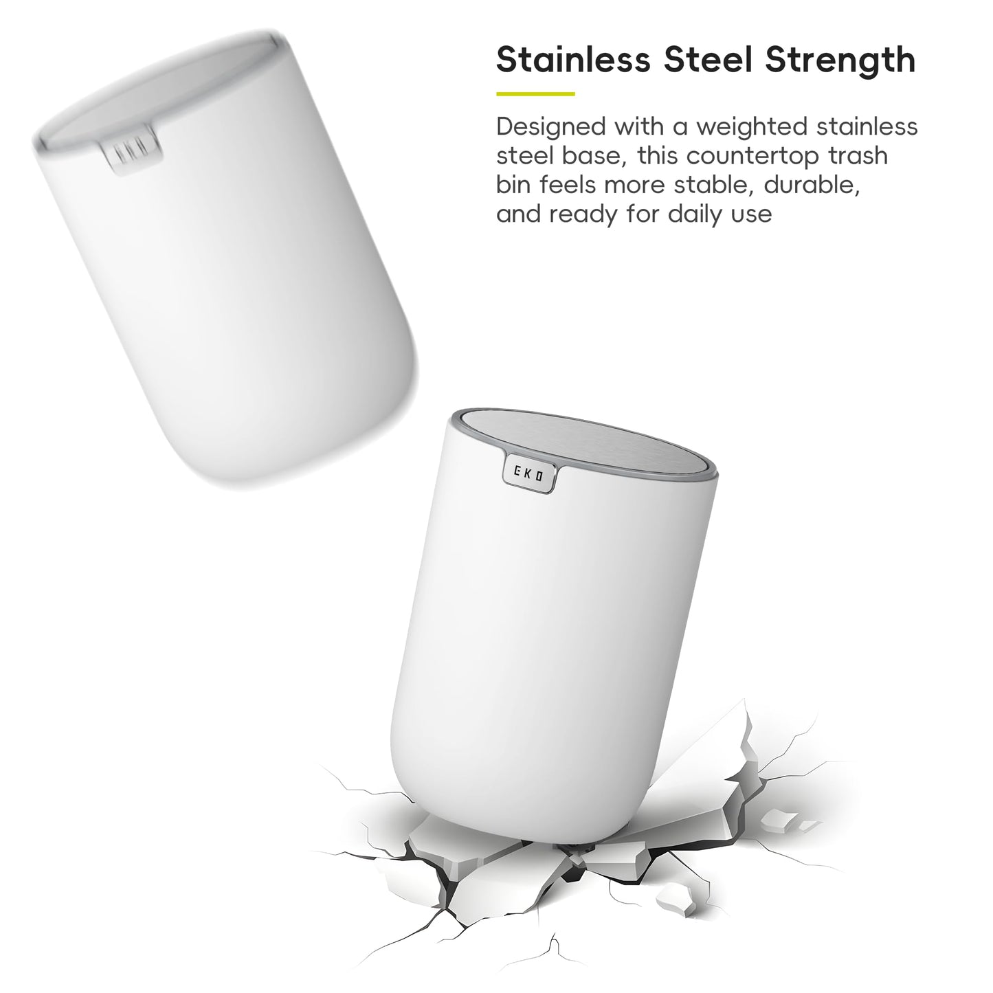 EKO Mini Desk Trash Can with Swing-Top Lid 0.4 Gallon Small Table Round Wastebasket for Office, Home, Car (White)