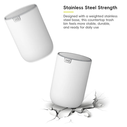 EKO Mini Desk Trash Can with Swing-Top Lid 0.4 Gallon Small Table Round Wastebasket for Office, Home, Car (White)