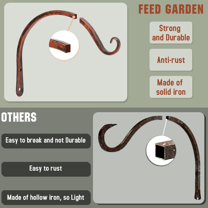 FEED GARDEN 2 Pack 8 Inch Hanging Plant Bracket Wall Hooks Decorative Plant Hangers for Outdoor Hanging Bird Feeders, Wind Chimes, Plant Baskets, Antique Bronze