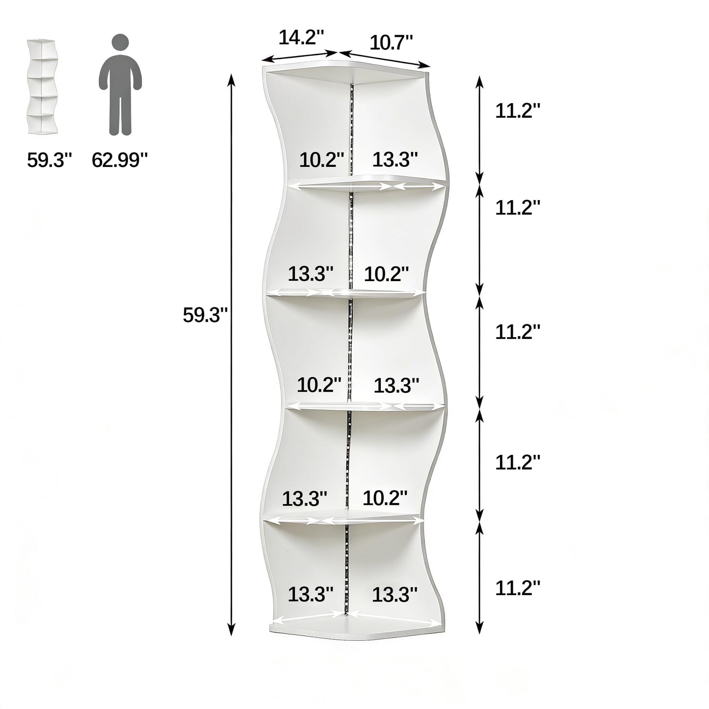 VECELO 6-Tier Wave Corner Bookcase with LED Lights, 90° Right-Angle Tall Narrow Bookshelf, Wooden Corner Display Stand Storage Shelf for Small Spaces, Living Room, Bedroom, Home Office (White)