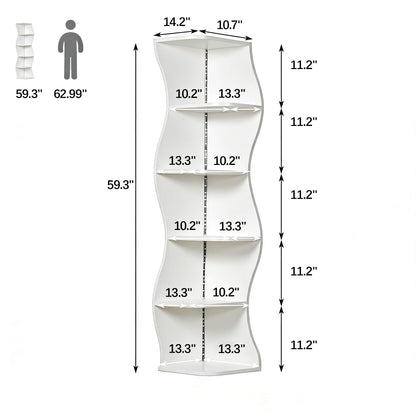 VECELO 6-Tier Wave Corner Bookcase with LED Lights, 90° Right-Angle Tall Narrow Bookshelf, Wooden Corner Display Stand Storage Shelf for Small Spaces, Living Room, Bedroom, Home Office (White)