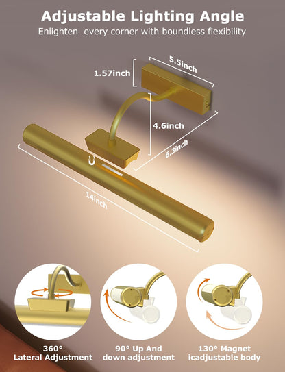 13" Aluminum Wireless Picture Lights for Wall, 5000mAh Rechargeable Battery Operated Wall Art Lighting, Dimmable 3-Color Gallery Painting Light for Pictures On Wall, with Remote/Timer [Gold, 2Pack]