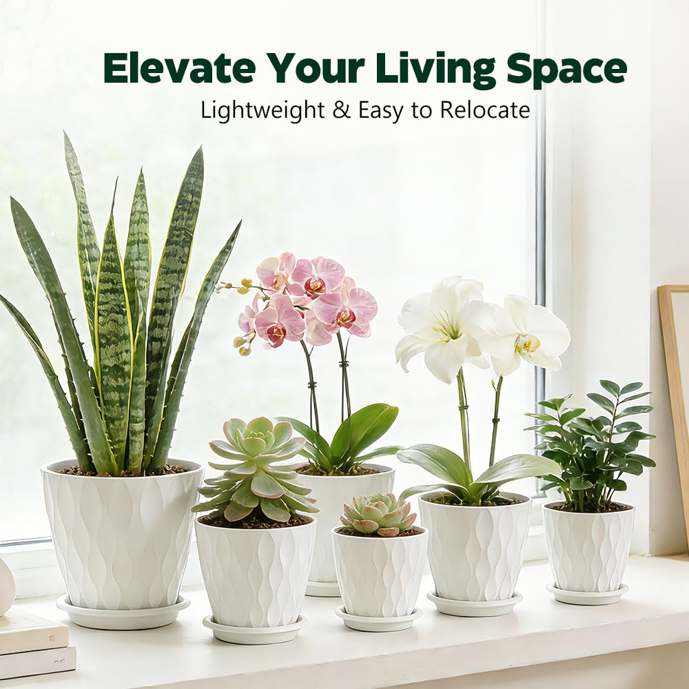KEETUMOOD Plant Pots, Self Watering Planters with Drainage Holes and Trays, Flower Pots for Indoor Outdoor - 6 Pack(4/5/6/6.5/7/8 Inch) (White)