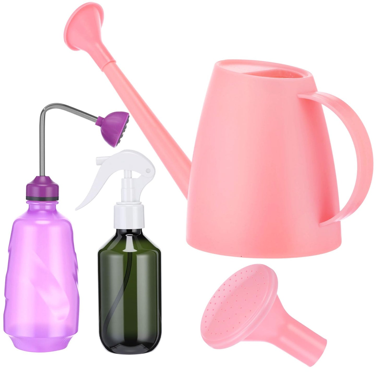 Reallnaive 1/2 Gallon Long Spout Watering Can Set for Indoor & Outdoor Plants – Includes Spray Bottle, Squeeze Bottle, Watering Globes & Soil Moisture Meter for Garden & House Plants(Pink)