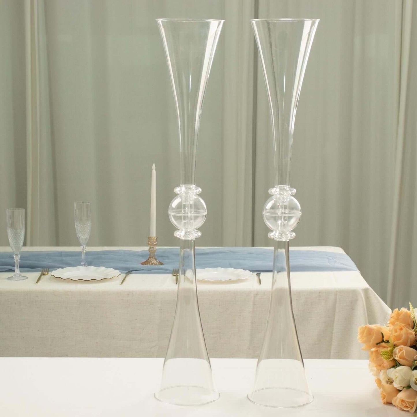 Efavormart 2 Pack | 31" Clear Crystal Embellishment Trumpet Table Centerpiece, Reversible Plastic Flower Vase
