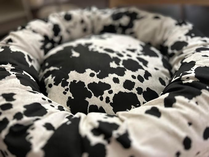 Organic Cotton Canvas Dog Bed: Removable Cover, Natural Fill - Made in USA (Cow Print Black White, Small 24" x 7" inches)
