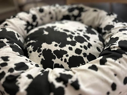 Organic Cotton Canvas Dog Bed: Removable Cover, Natural Fill - Made in USA (Cow Print Black White, Large 35" x 8" inches)