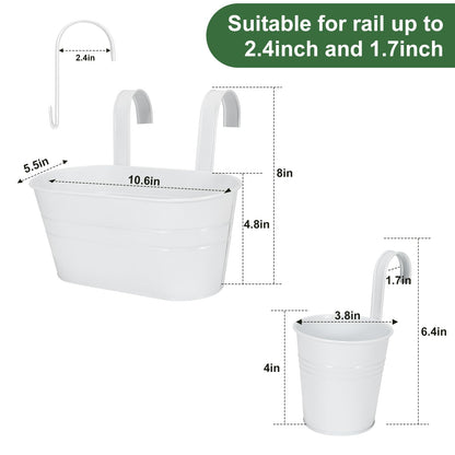 HowRU Metal Iron Flower Pots for Railing Fence Hanging Bucket Pots(5 Pcs) and Hanging Flower Pots Metal Iron Bucket Planter(10 Pcs) (White)