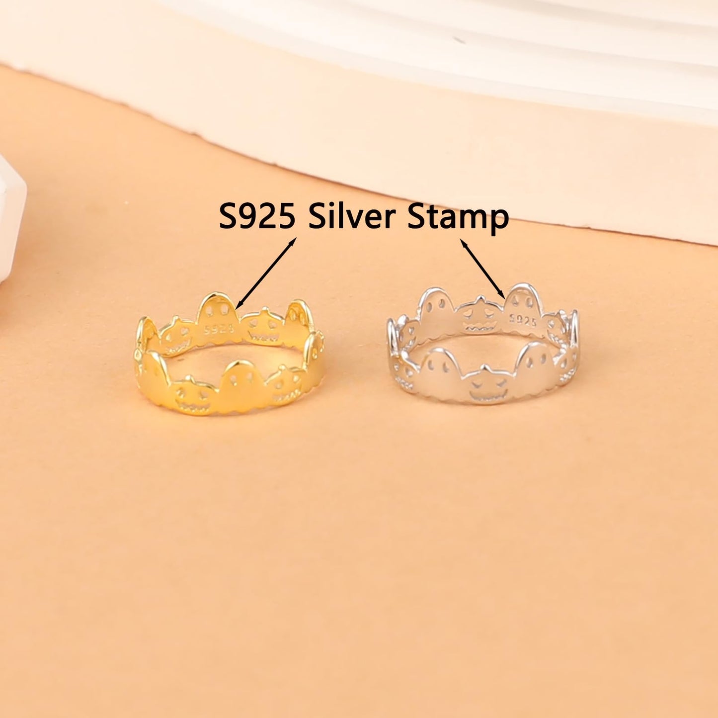 AIBELOPY Cute Pumpkin Lantern Rings for Women Men 925 Sterling Silver Halloween Ring Jack-O-Lantern Ghost Ring Wide Band Rings Halloween Christmas Gift (Silver, 9)