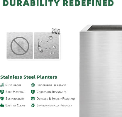 LONGRUNNEW Stainless Steel 30cm Square Planter with Wheels Trolley, Large Plant Pots for Indoor, Outdoor, Business Space, Public Places, Easy to Clean and Move
