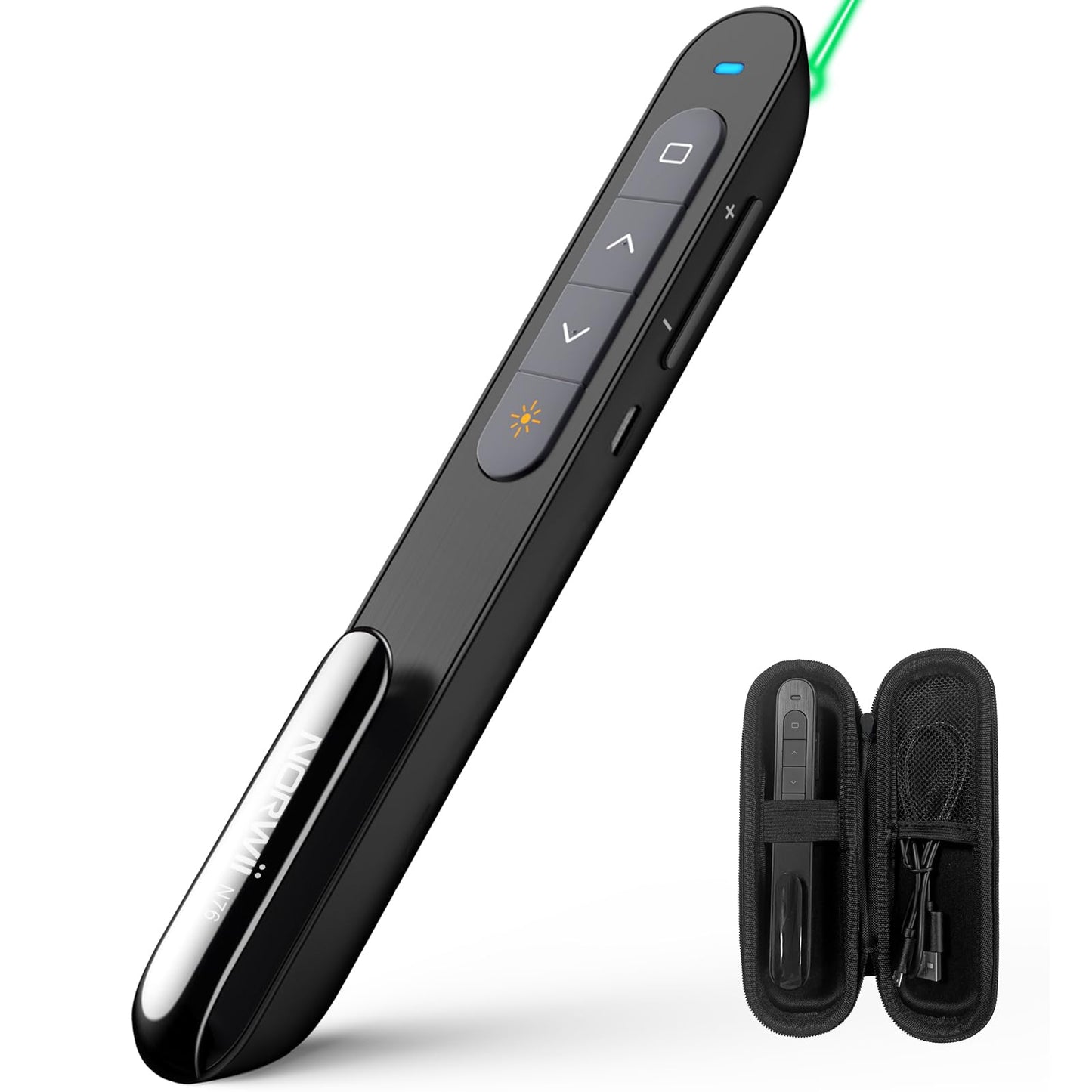 Norwii N76 Rechargeable Presentation clicker, Long Range Presentation Remote, Wireless Presenter, Pointer for PowerPoint Presentations, Slide Control - Green Light+Case