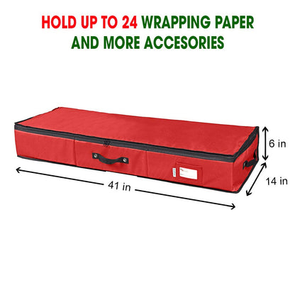 Primode Wrapping Paper Storage Container | Gift Wrap Organizer Under Bed | 41”x14”x6” | Fits 18-24 Rolls Up to 40” | 600D Oxford | Box Holder with Pockets for Ribbon, Bows and Accessories (Red)
