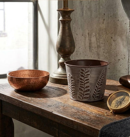 Napco Imports Fern Leaf Embossed 6 x 7 Inch Distressed Brown Metal Cache Plant Pot Cover with Removable Hard Plastic Liner