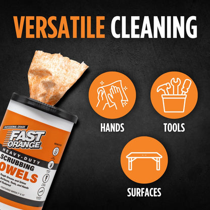 Fast Orange Heavy Duty Scrubbing Towels Removes Tough Grease, Grime, Paint, Resins, Glue and More, for Hands, Tools and Surfaces Without Sticky Residue, 72 ct