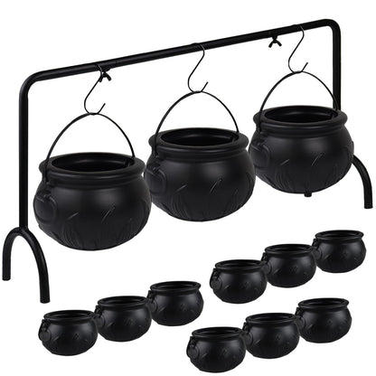CESOF Cauldron Halloween Party Decor, Set of 12 Hanging Black Plastic Cauldron Bowls with Iron Rack, Large and Mini Candy Bucket Serving Punch Bowl for Table Witch Hocus Pocus Indoor Home Decorations