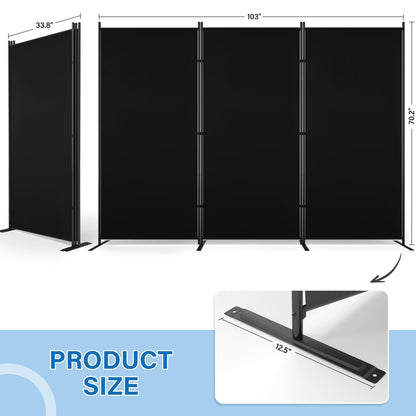 AKTOP 3 Panel Room Divider 6FT – 103" W x 70" H Folding Privacy Screen, Freestanding Fabric Room Partition, No-Drill Temporary Wall Divider for Apartment, Dorm, Studio, Home Office, Bedroom – Black