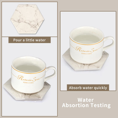 6 Pack Cute Marble Absorbent Stone Coaster Set with Holder Cool Cork Coster Modern White Ceramic Coasters Bar Desk Cup Drink Coasters Funny Coffee Table Decor Kitchen Unique Coster posavasos