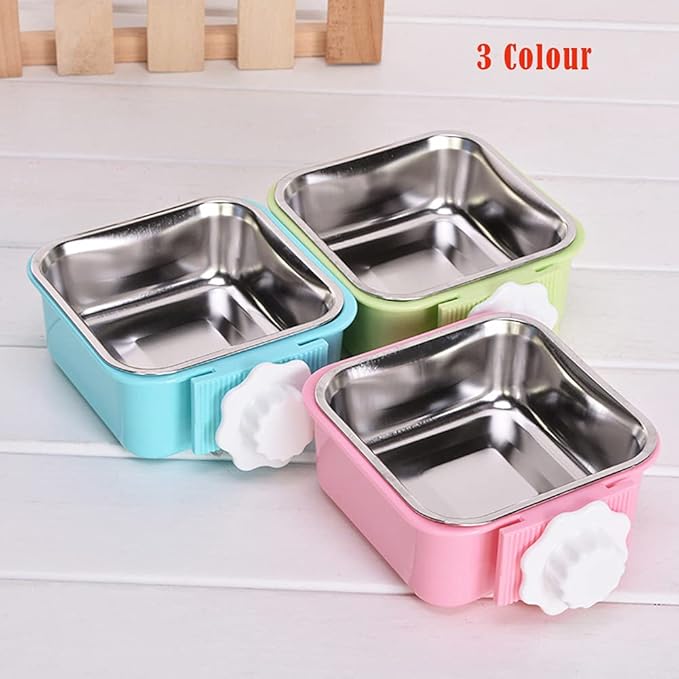 Crate Dog Bowl,Removable Stainless Steel Water Food Feeder Bowls Crate Coop Cup,Pet Cage Bowls with Bolt Holder for Cat, Puppy, Birds, Rats, Rabbits Small Animals ((Blue+Green+Pink) Square, Samll)