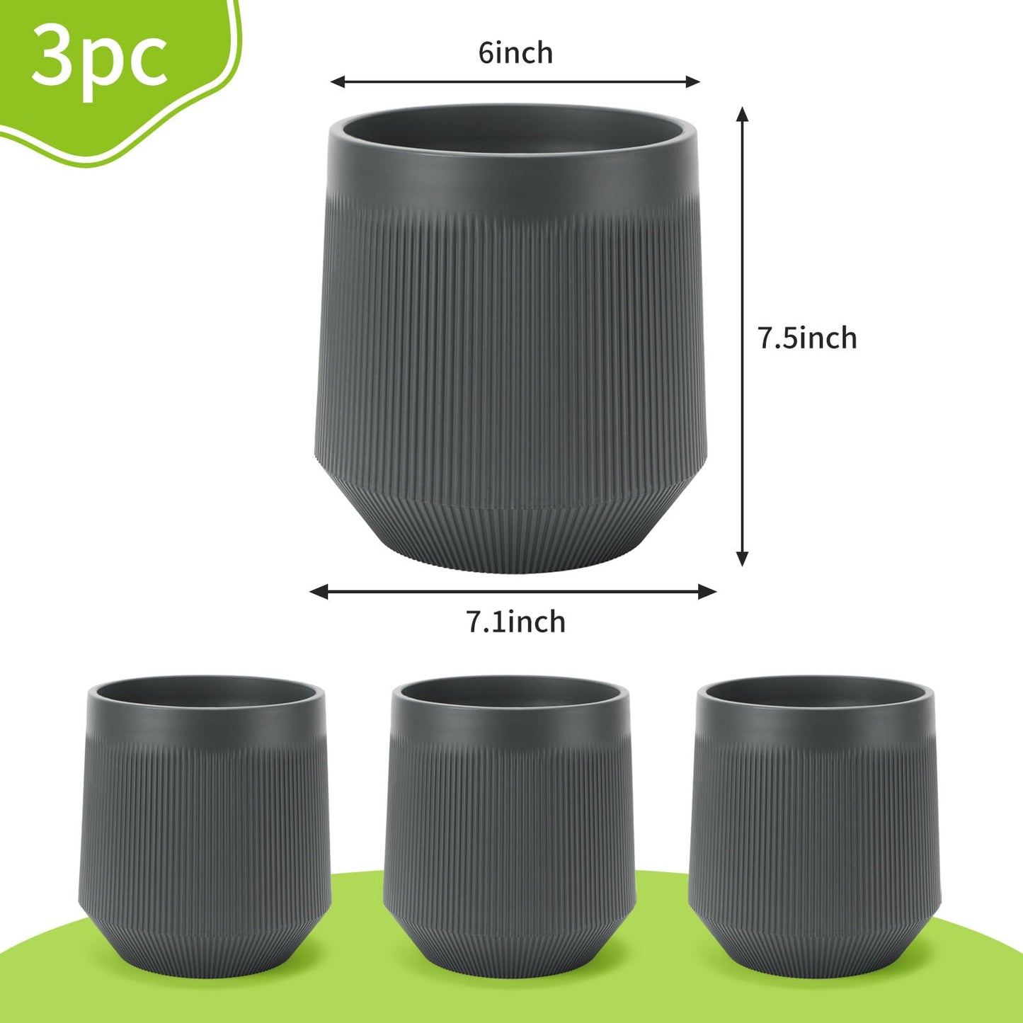 Yaghpy Plant Pots，Set of 3 Plastic Pots for Indoor Plants,Flower Pots Outdoor Planters with Drainage Hole and Seamless Saucer,Gray
